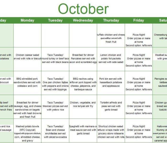 Free Printable October Meal Ideas Calendar