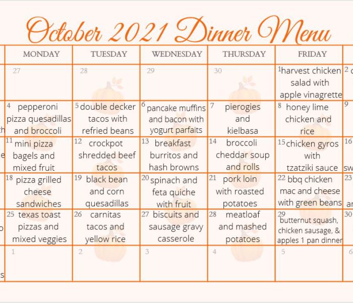 Free Printable October Meal Ideas Calendar
