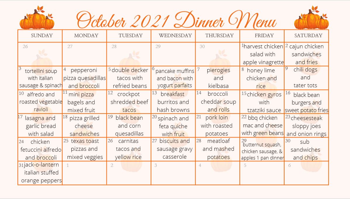 Free Printable October Meal Ideas Calendar